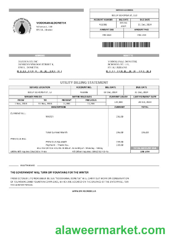 Ukraine Vodokanal Donetsk () business utility bill template in Word and PDF formats